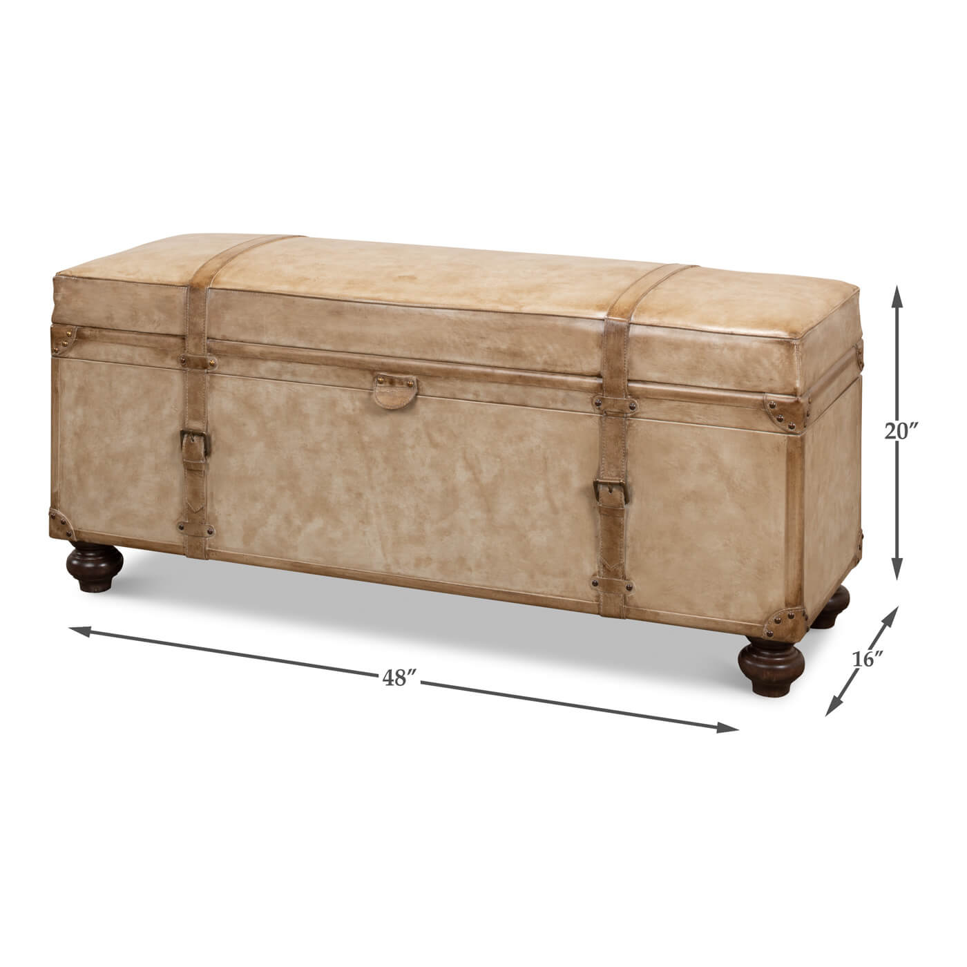 Dimensions of vintage-style pearl leather trunk bench