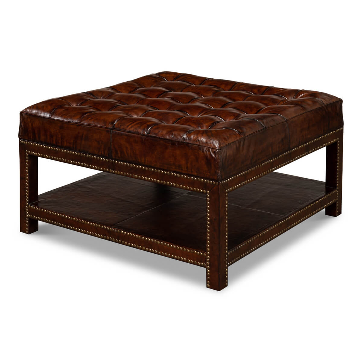 Square tufted leather ottoman with bottom shelf.