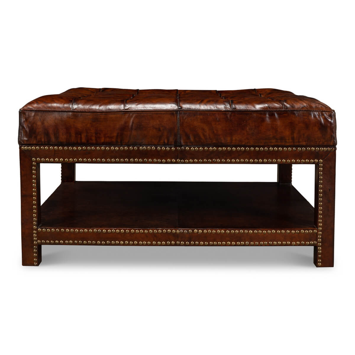 Front profile of leather ottoman with shelf.
