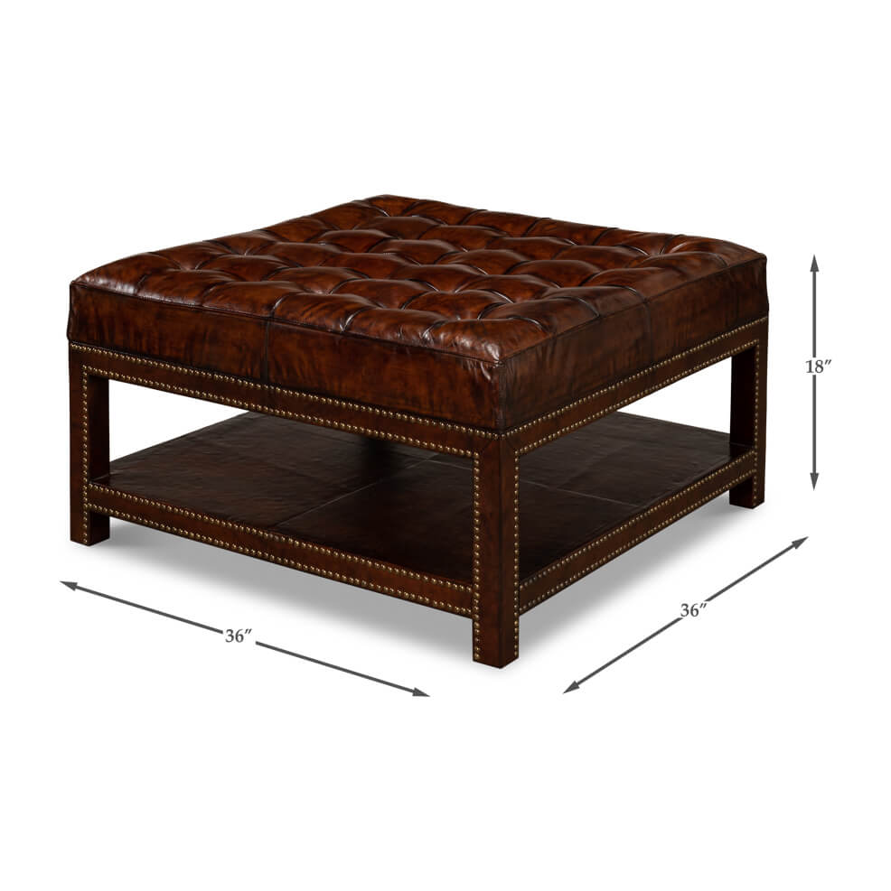 Dimensions illustration of vintage-style tufted leather ottoman.