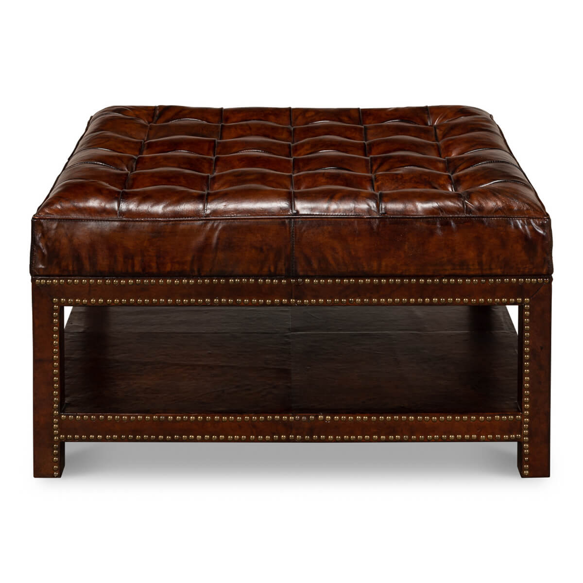 Front view of vintage-style leather ottoman.