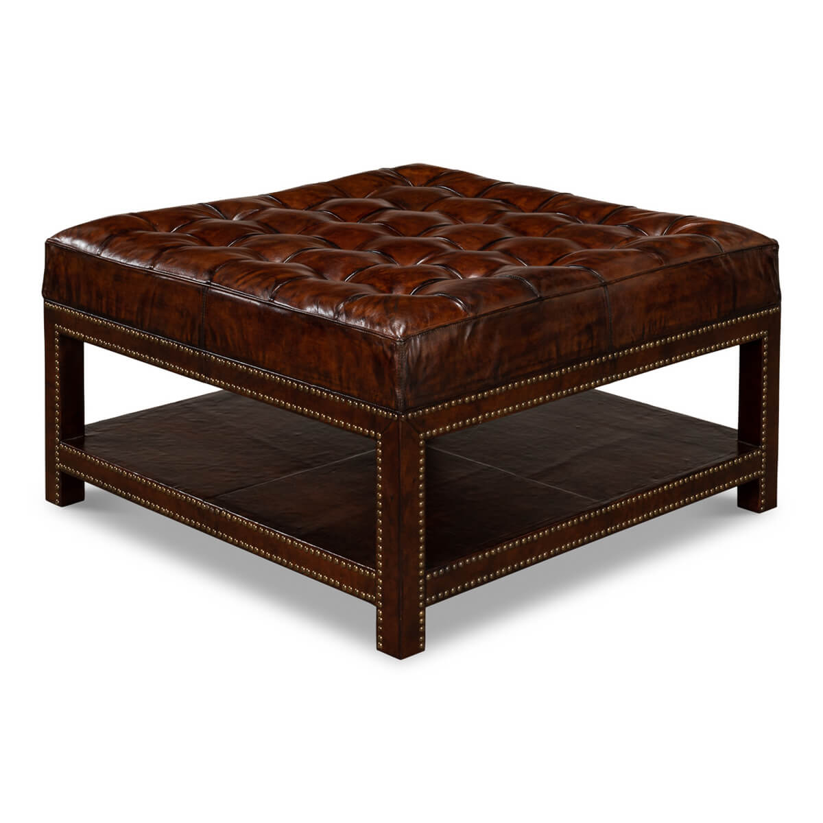 Side view of tufted leather ottoman.