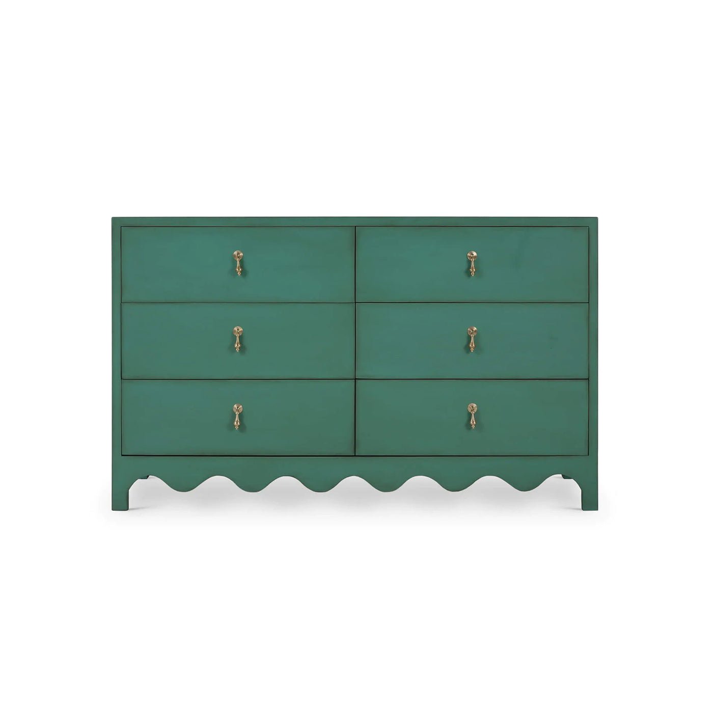 Front view, vintage dresser with unique scalloped base.