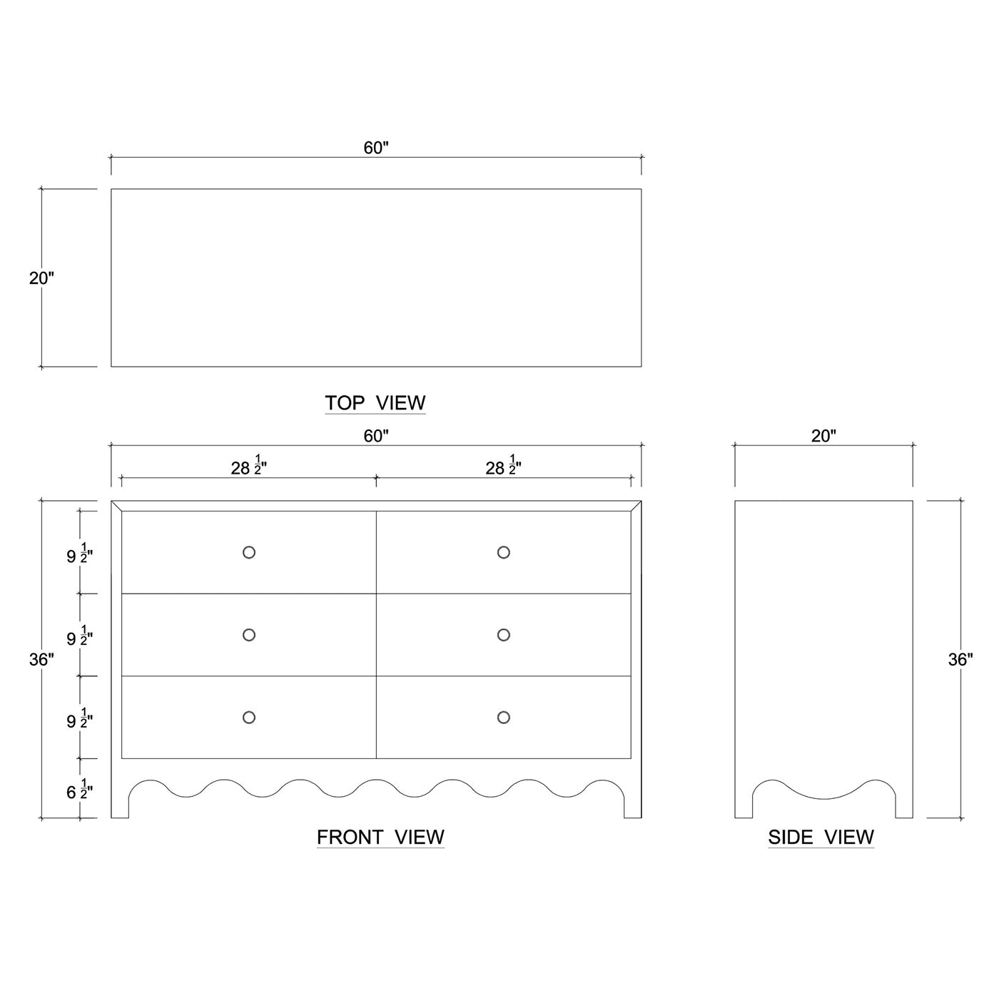 Vintage dresser dimensions, front and side schematic.