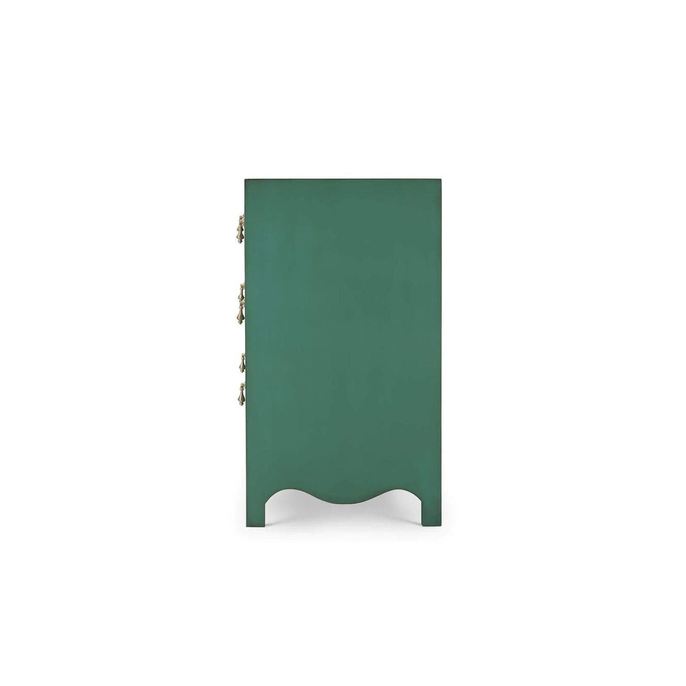 Side view, vintage green dresser with scalloped design.