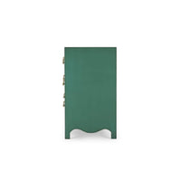 Side view, vintage green dresser with scalloped design.