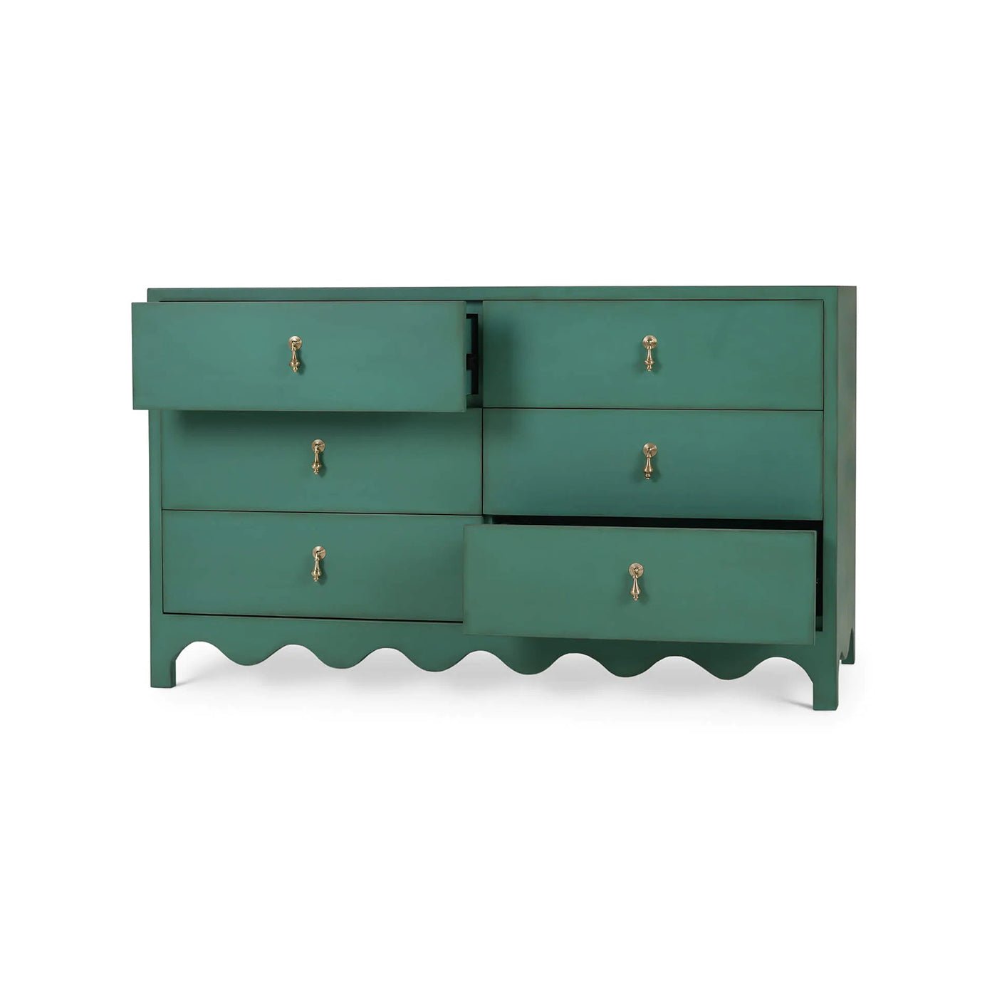 Partially open drawers on vintage green dresser.