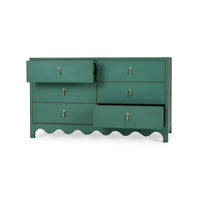 Partially open drawers on vintage green dresser.