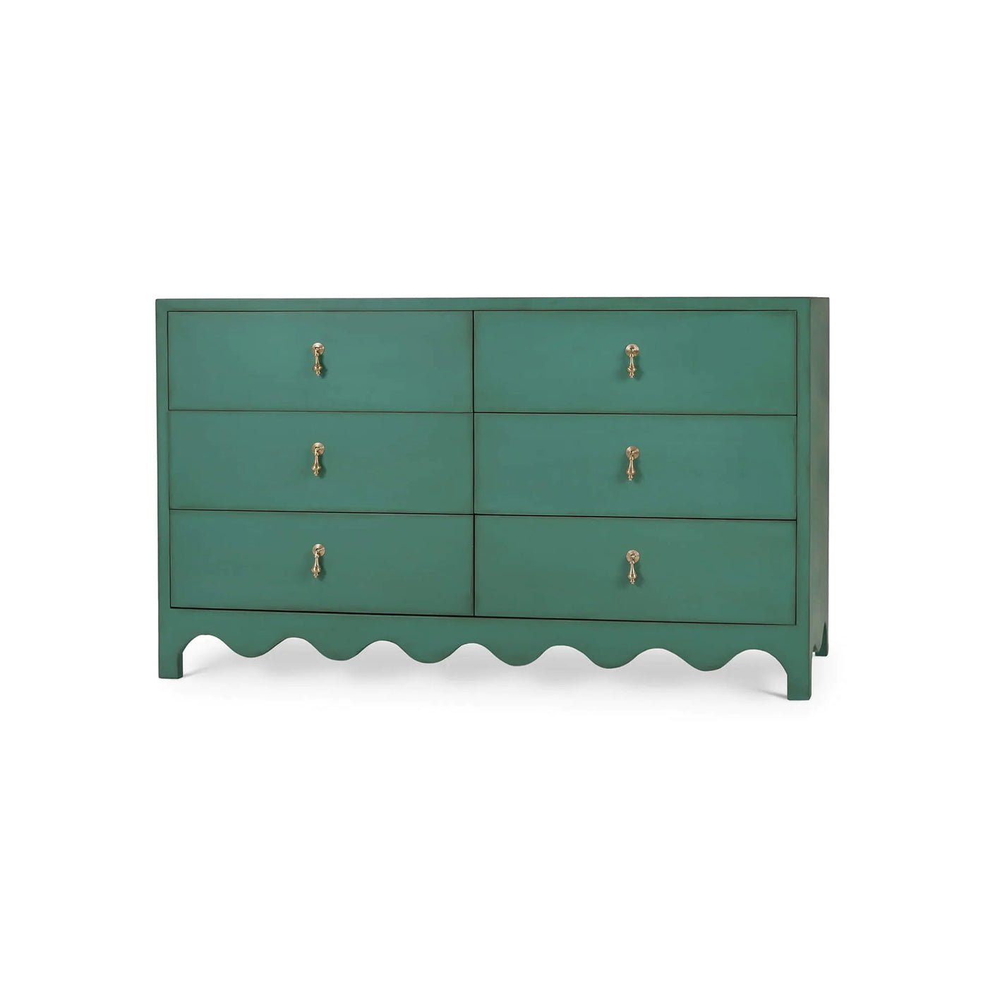 Front view, vintage green dresser with six drawers.