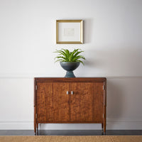 Walnut Art Deco cabinet styled in living room with plant.