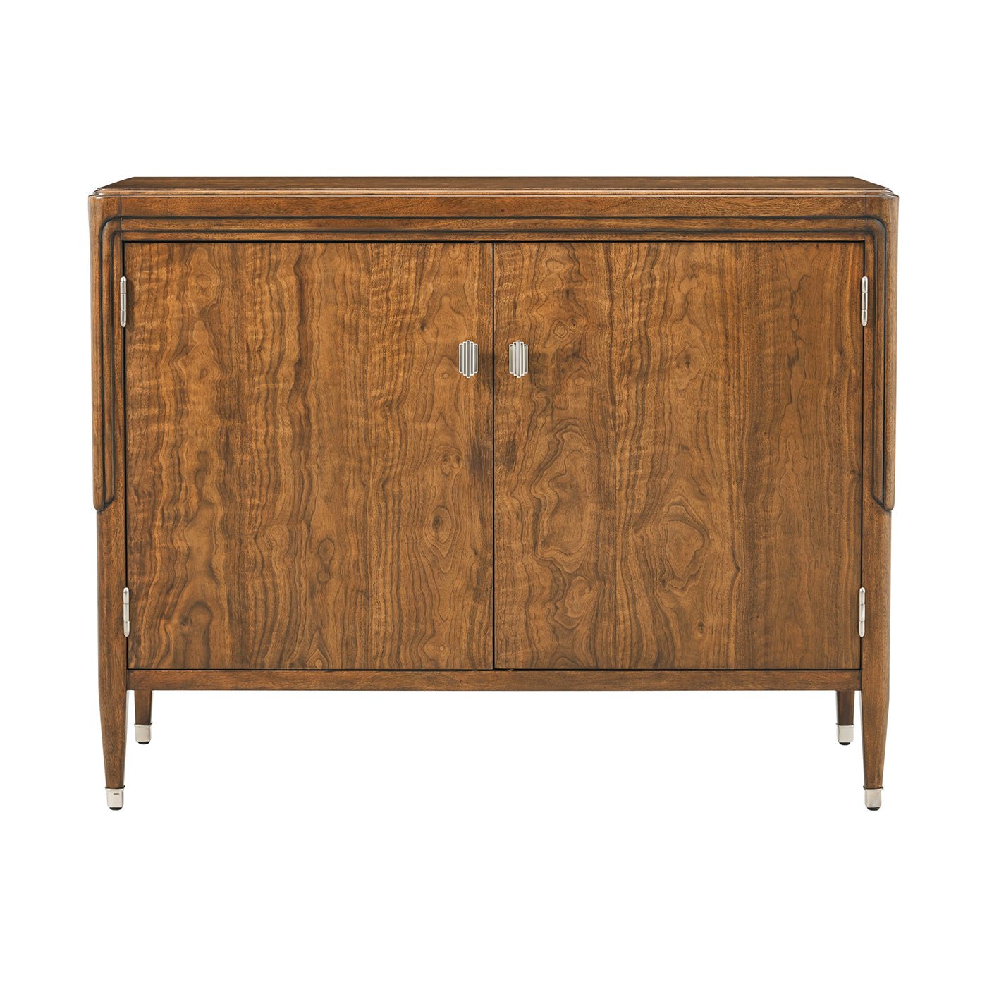 Head-on view of walnut Art Deco cabinet with closed doors.