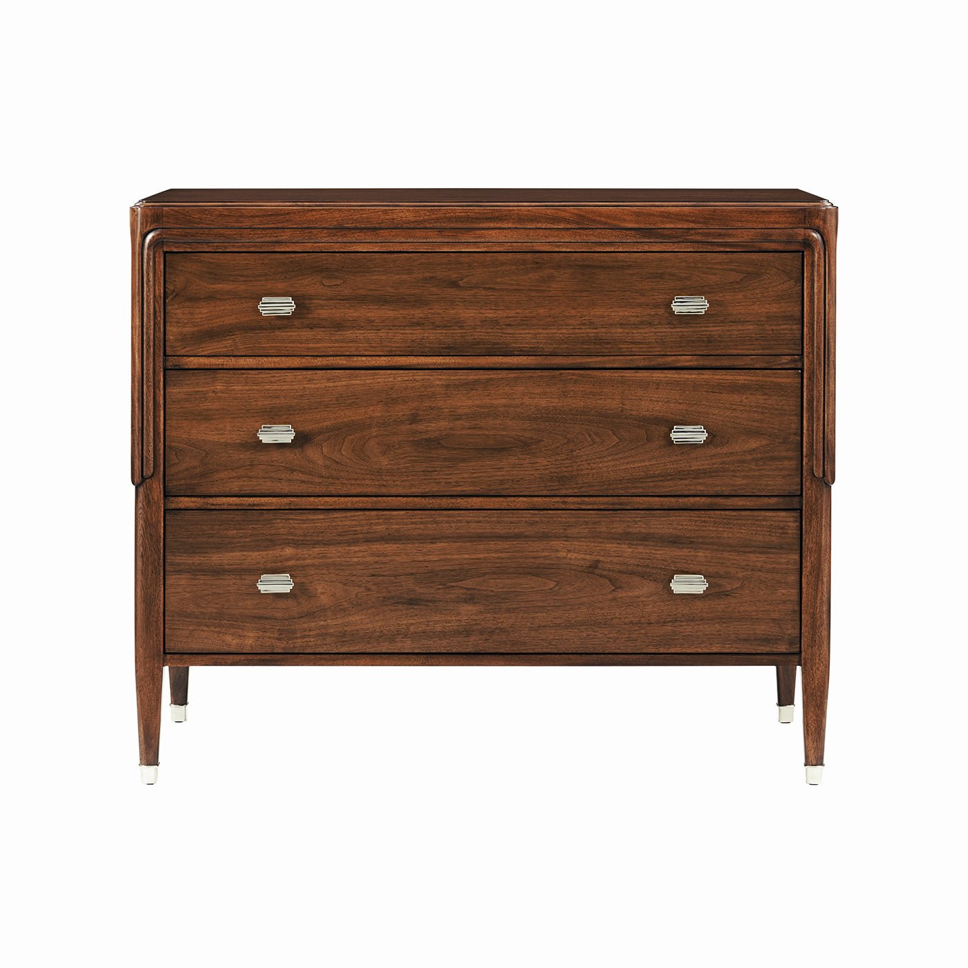 Front view of Walnut Art Deco chest, three drawers.