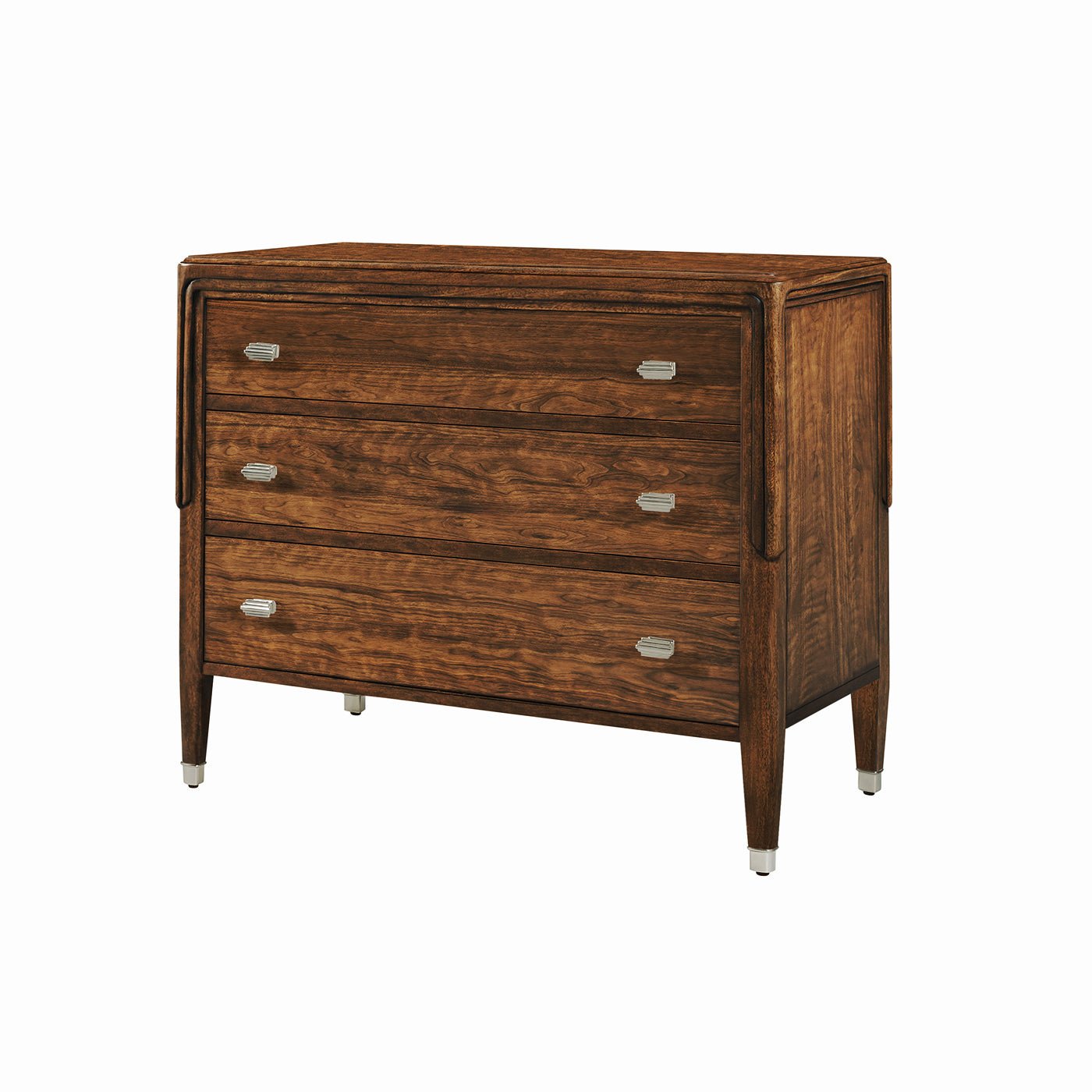 Walnut Art Deco chest, angled view, three drawers.