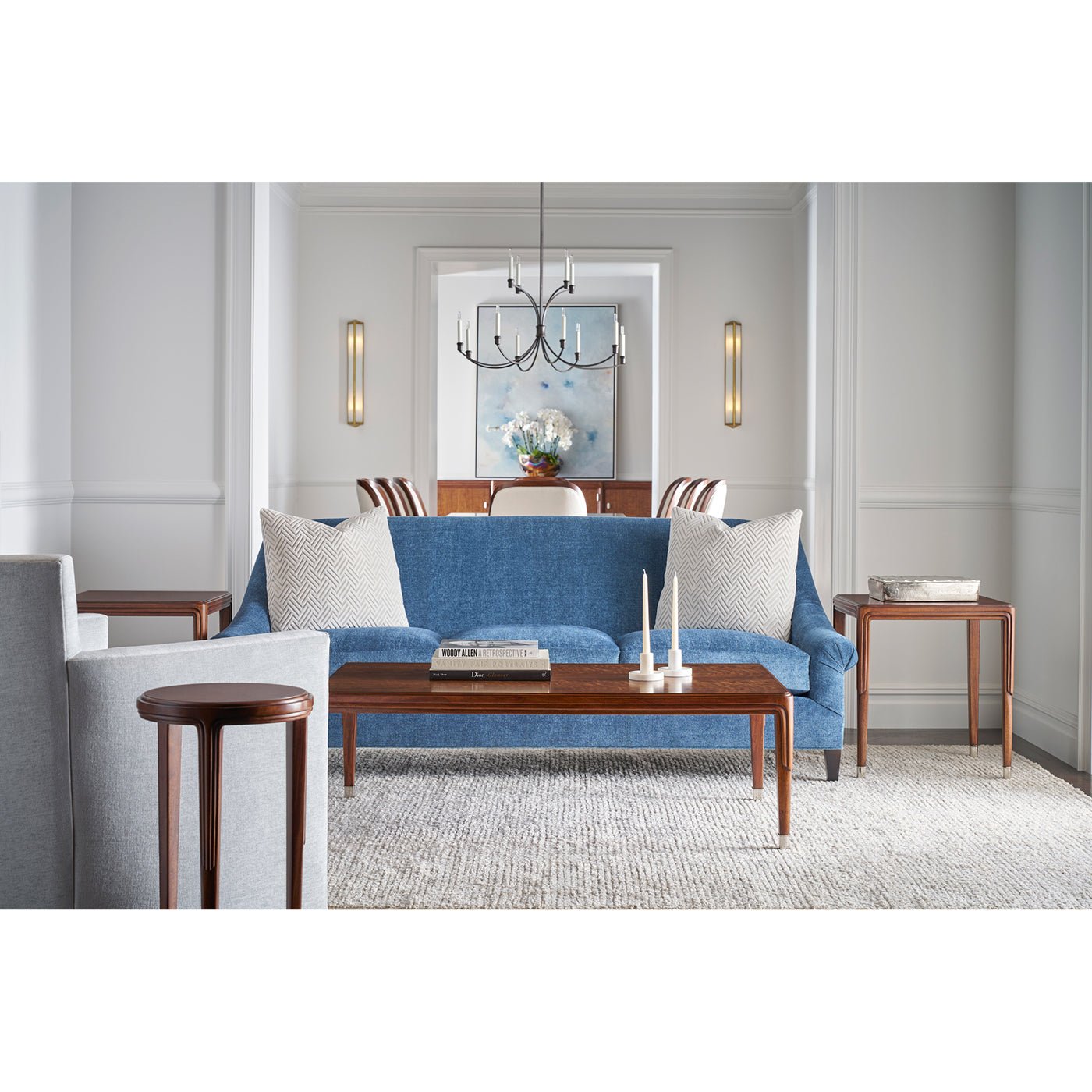 Walnut Art Deco coffee table in modern living room setting.