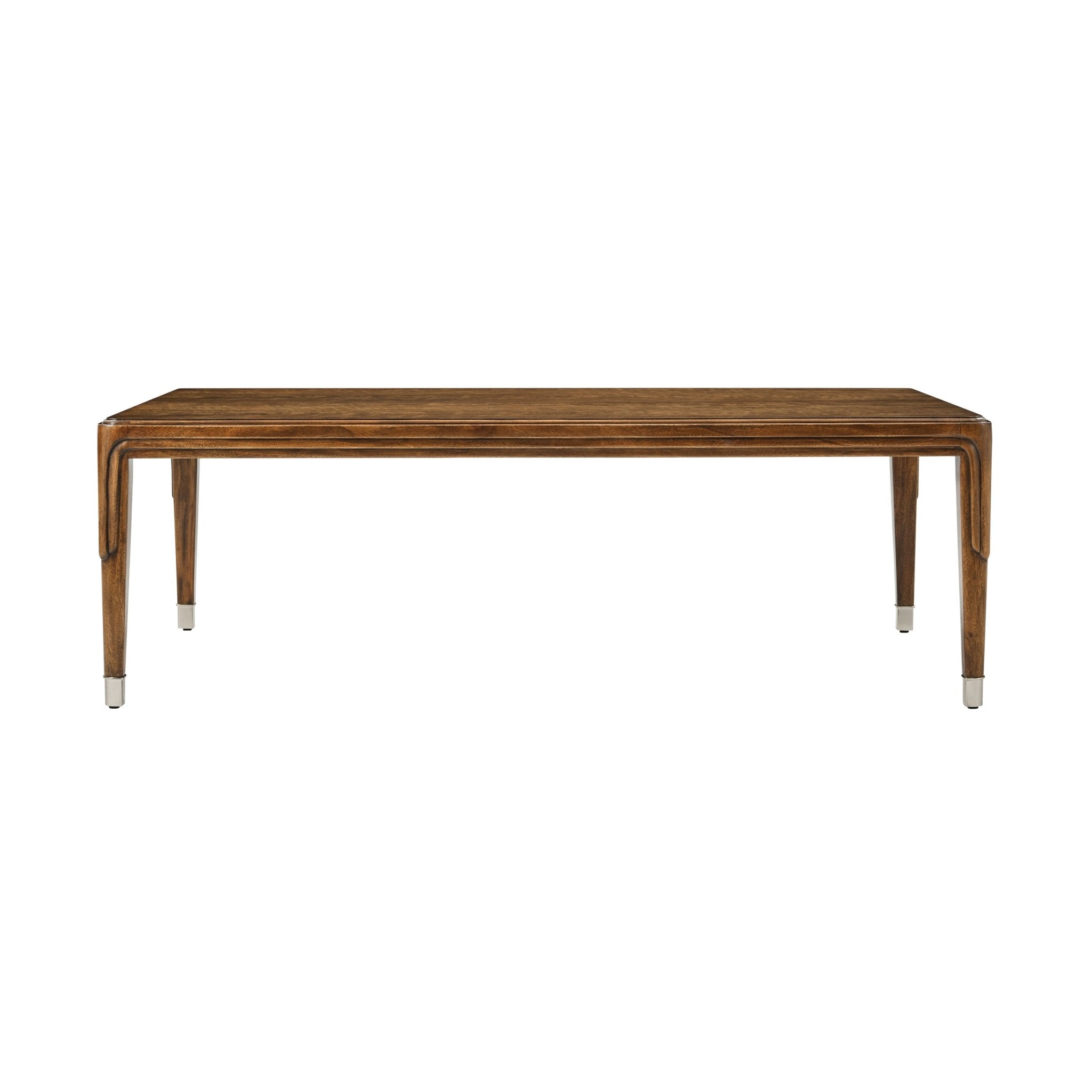 Front view of Walnut Art Deco coffee table on white.