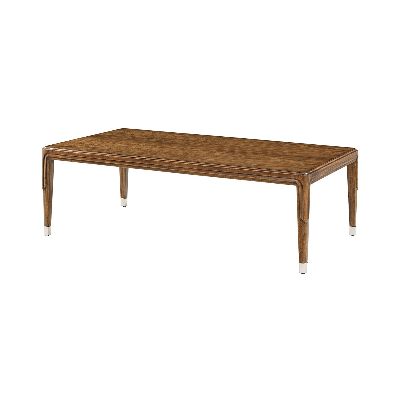 Walnut Art Deco coffee table side view on white background.