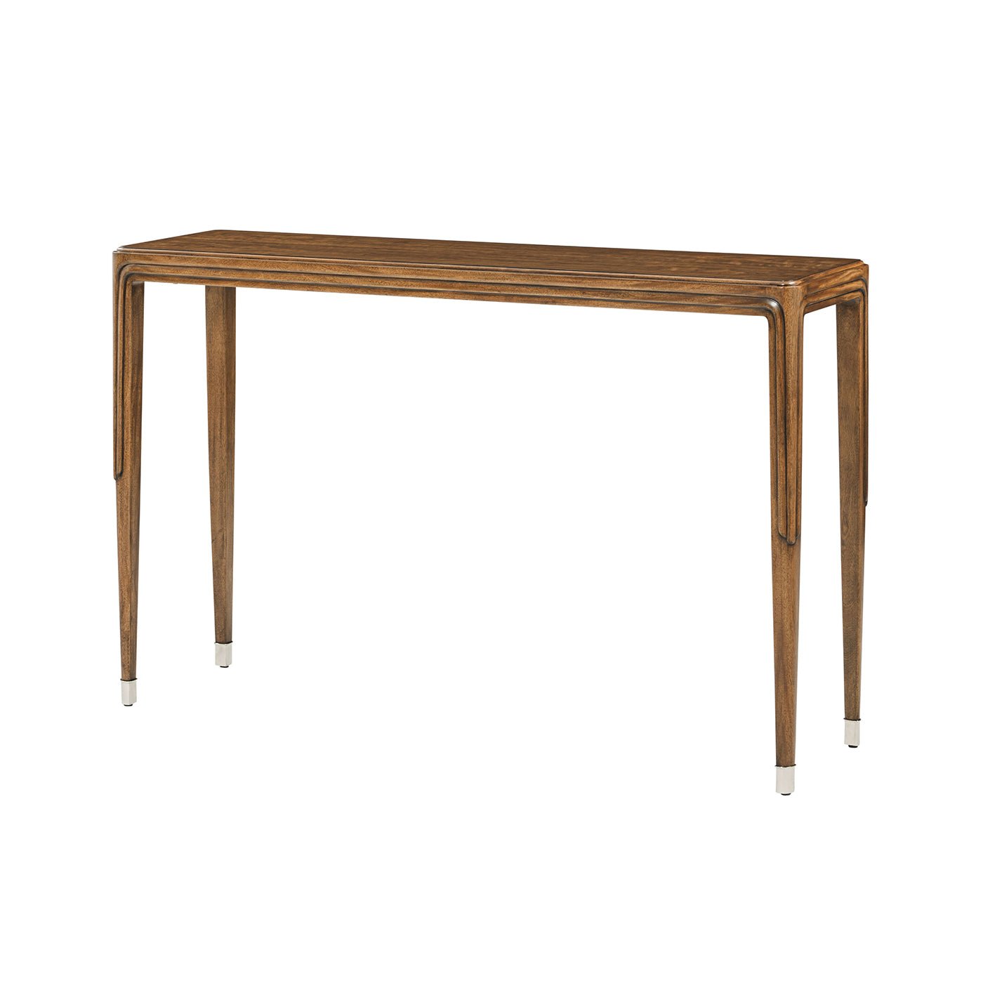 Wooden console table with tapered legs, side view.