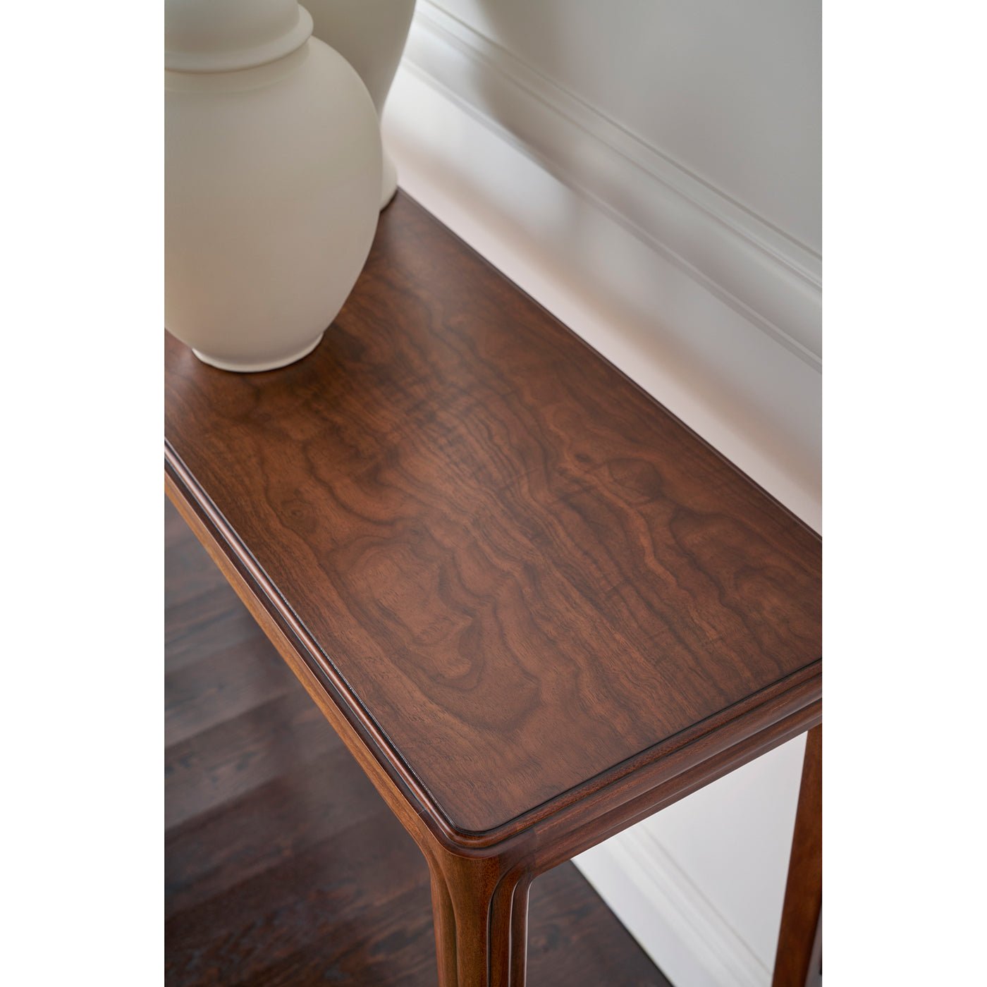 Top surface view of wooden console table.