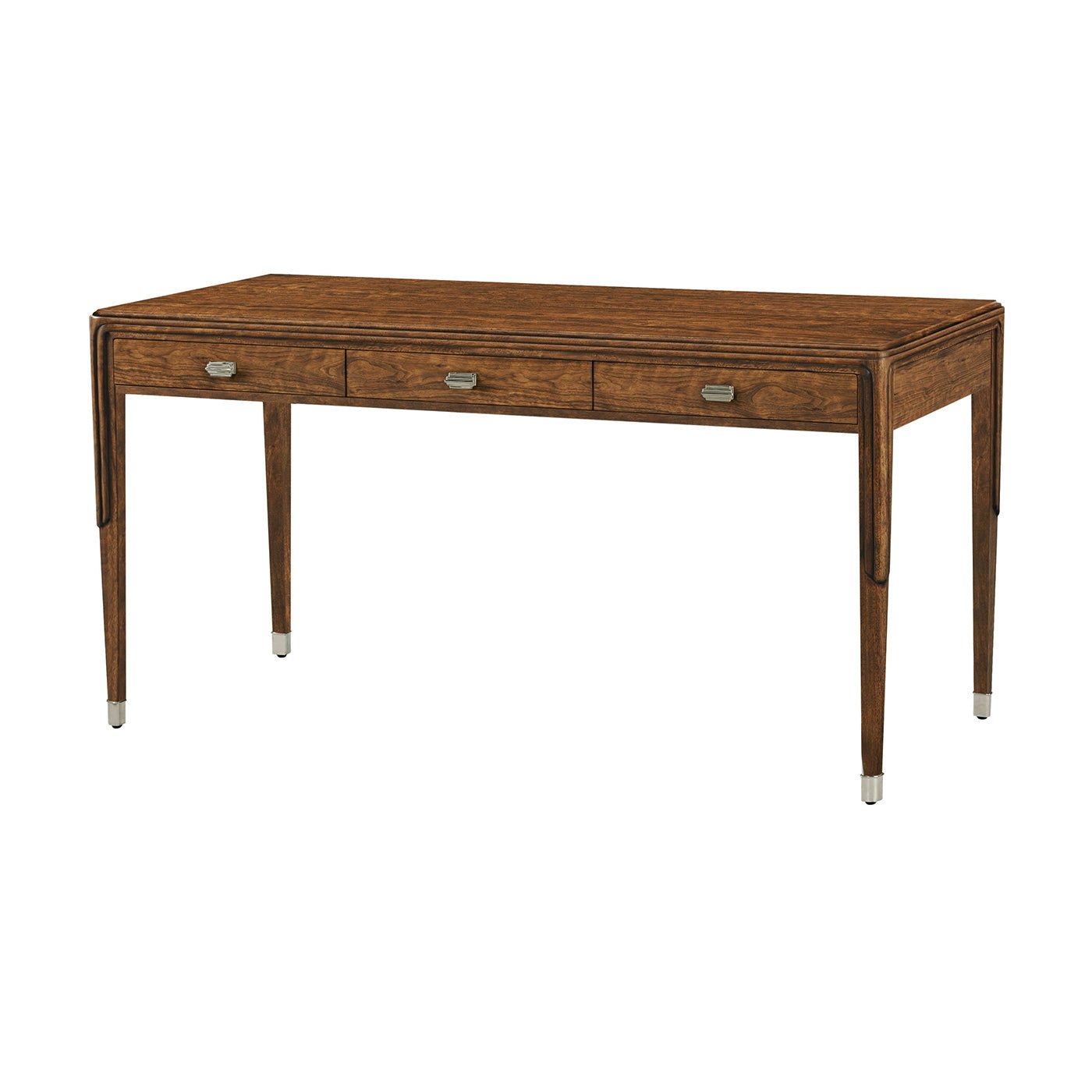 Art Deco walnut desk with three drawers, angled view.