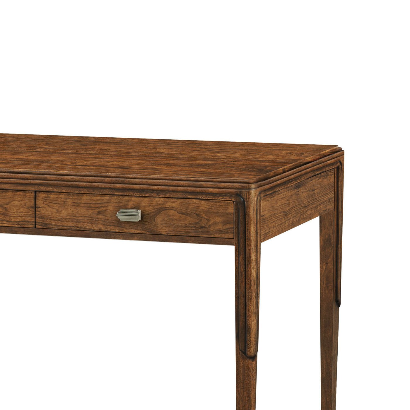 Detailed view of desk corner and drawer handle.