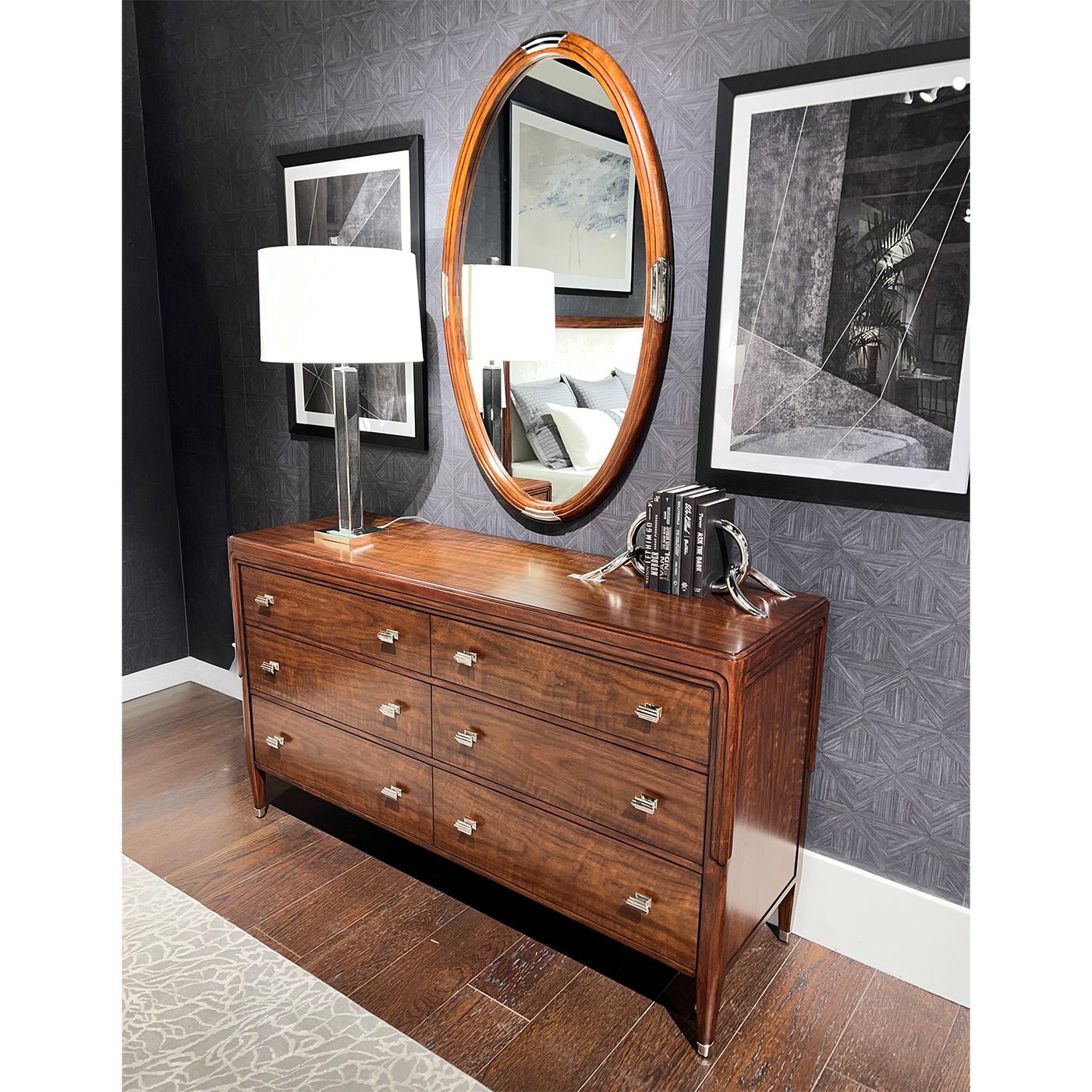 Stylish Art Deco dresser, room setting, lamp and decor.