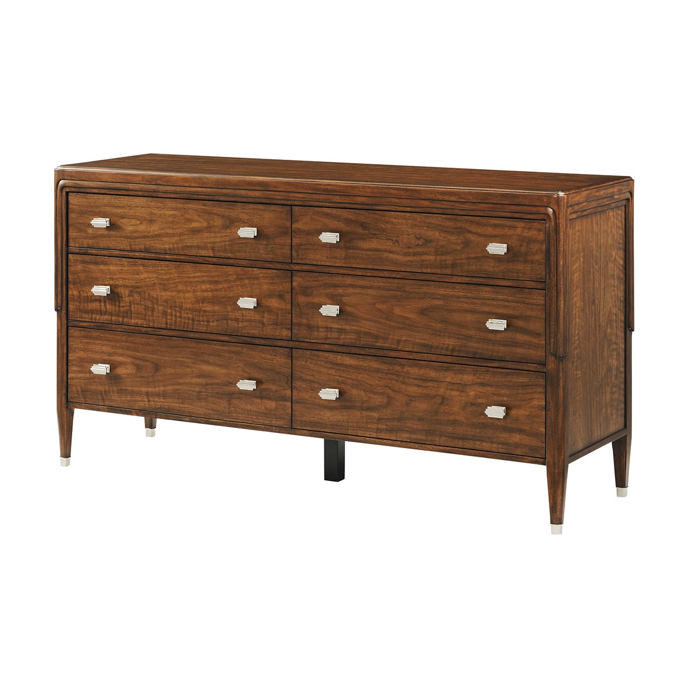Art Deco walnut dresser, angled view, six drawers.