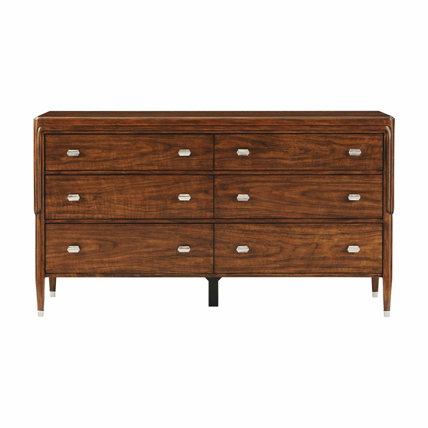 Walnut Art Deco dresser, front view, six drawers, elegant design.