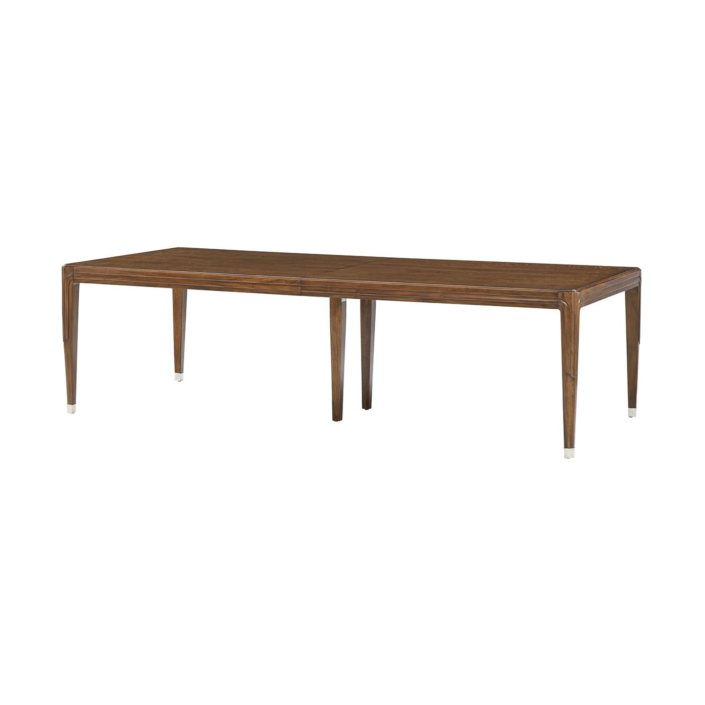 Angled view of walnut art deco dining table.
