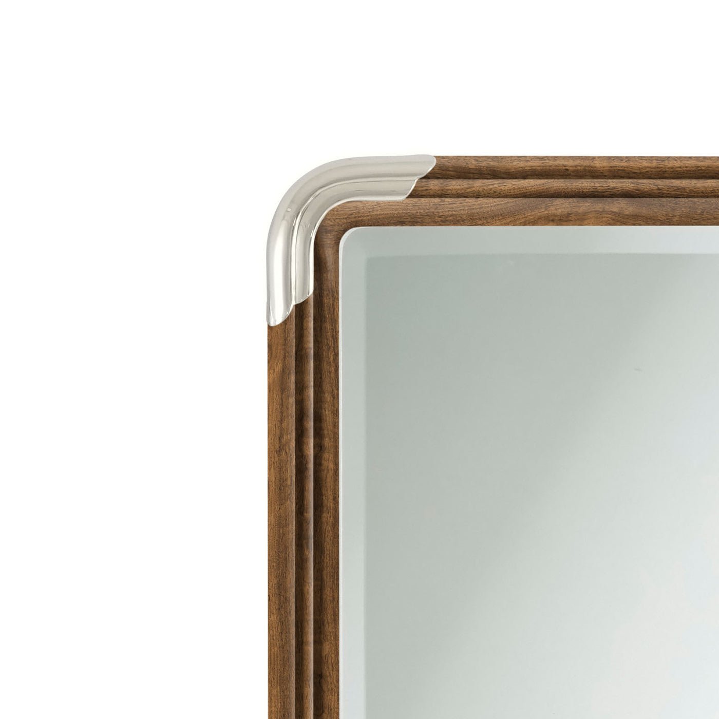 Close-up corner detail of walnut Art Deco mirror.