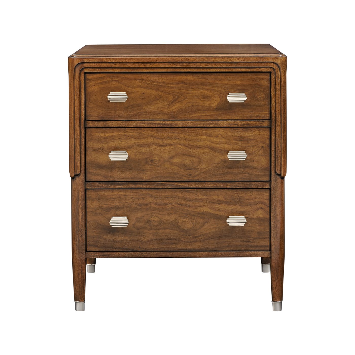 Front view of Walnut Art Deco Nightstand, three drawers.
