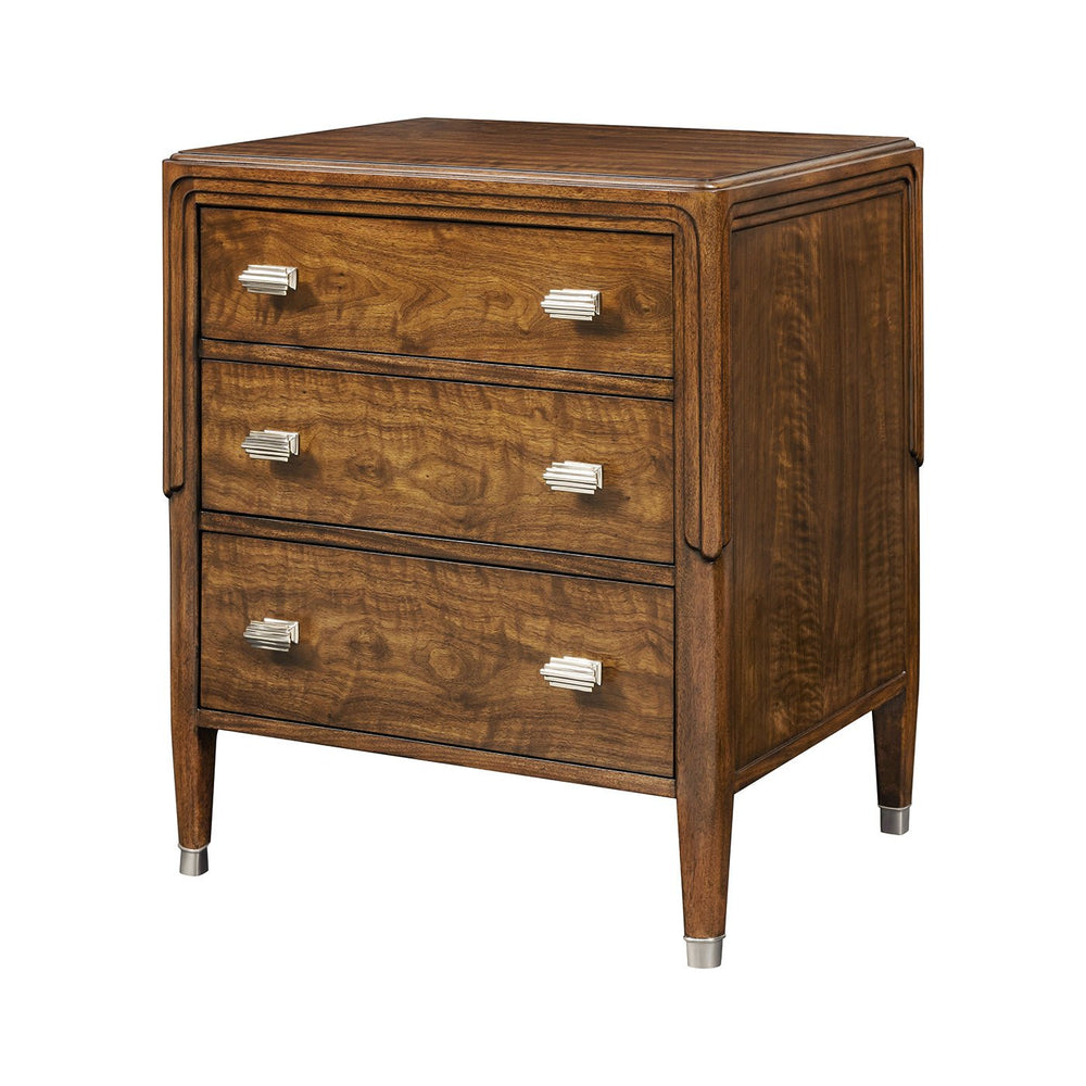 Walnut Art Deco Nightstand, angled view, three drawers.