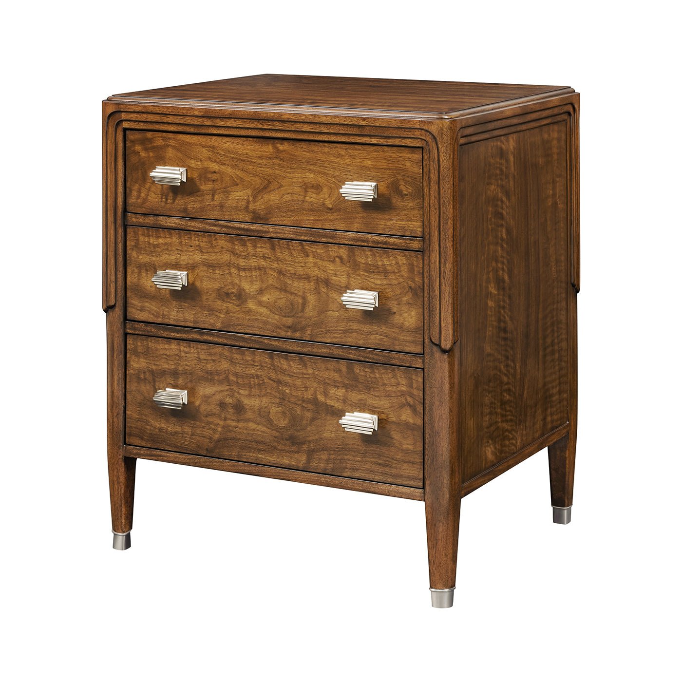 Walnut Art Deco Nightstand, angled view, three drawers.