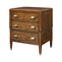 Walnut Art Deco Nightstand, angled view, three drawers.