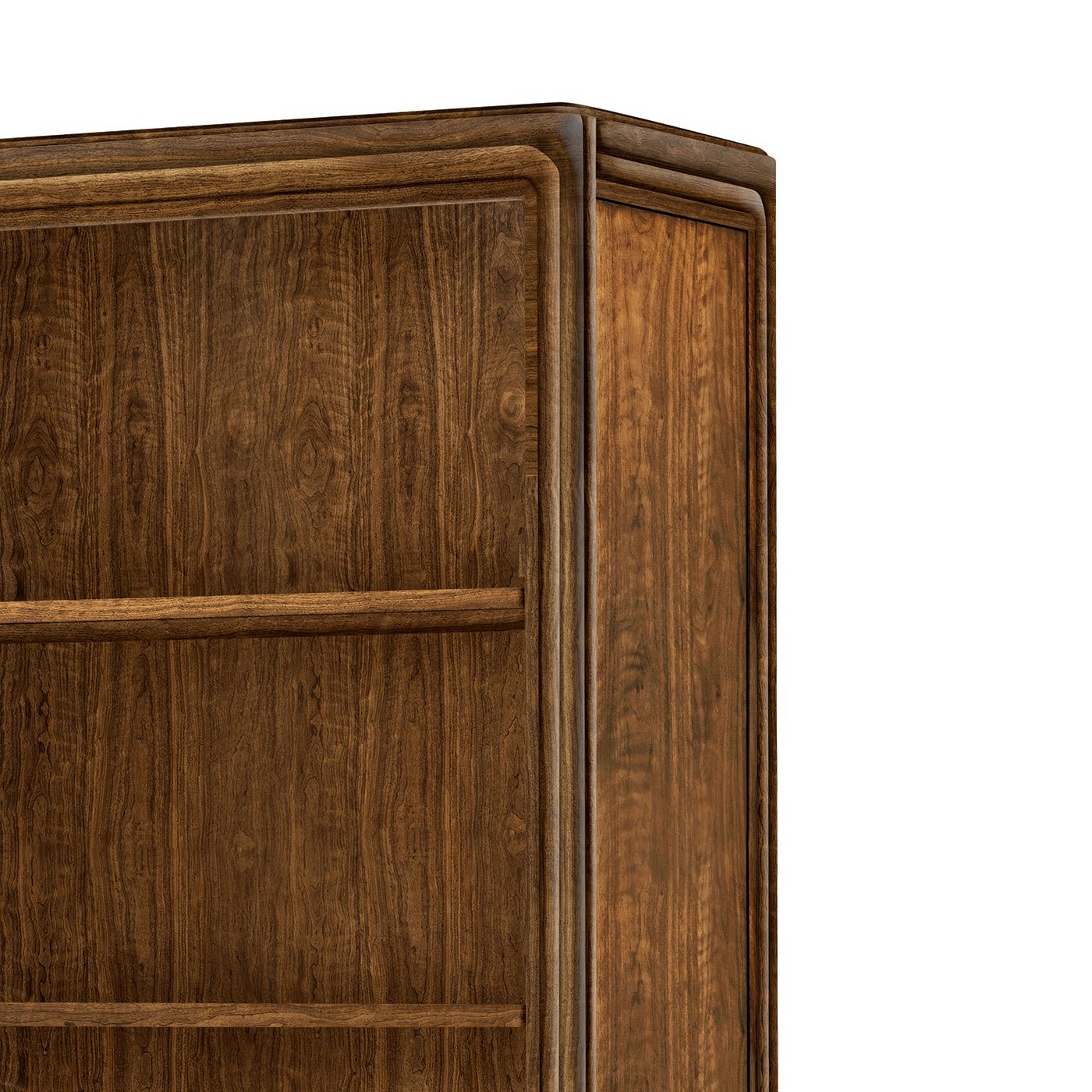 Close-up of walnut art deco bookcase upper corner.