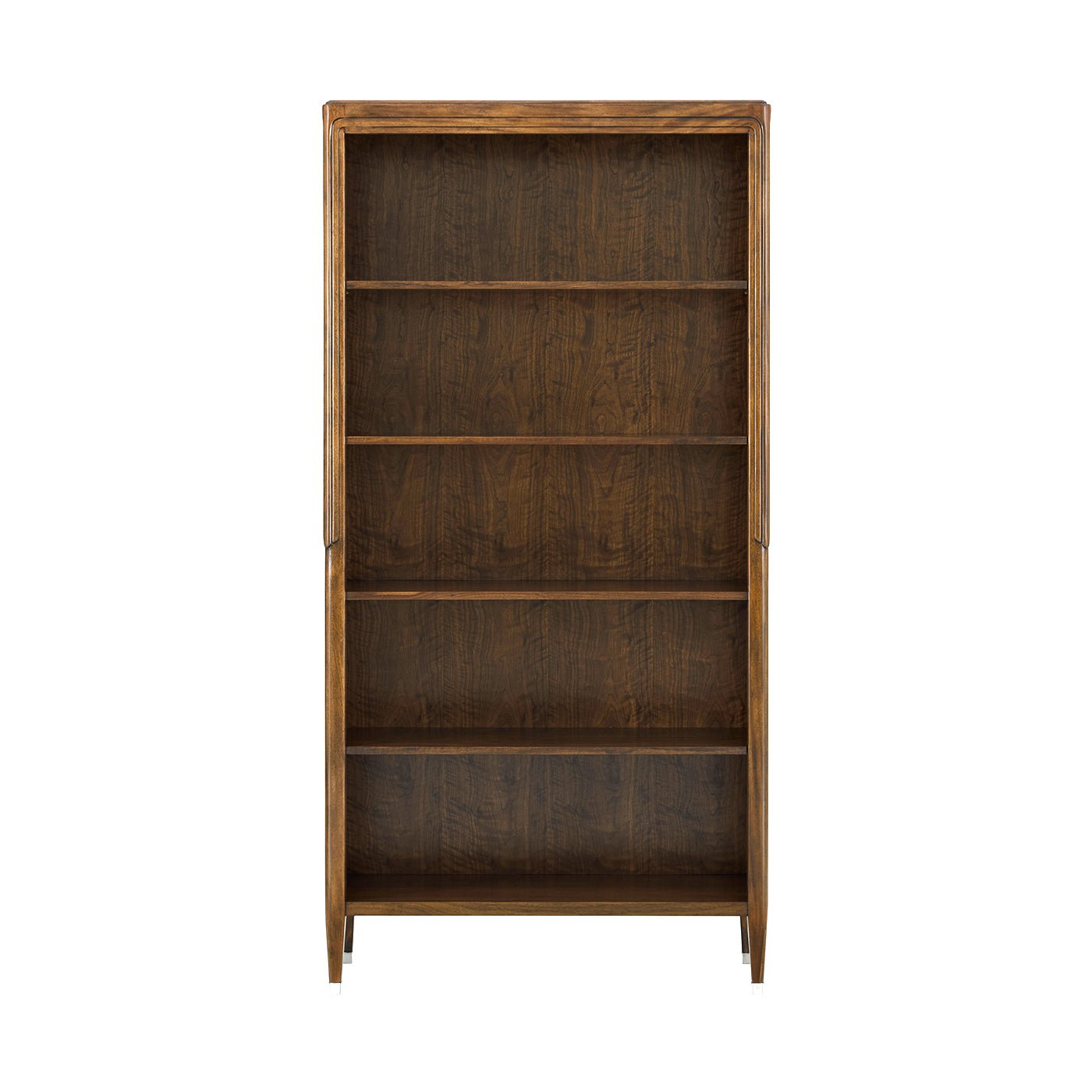 Front view of walnut art deco open bookcase shelves.