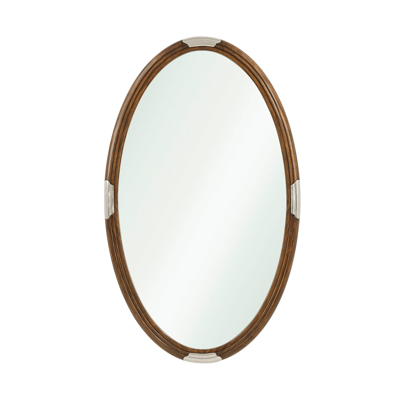 Oval walnut Art Deco mirror, close-up full view.