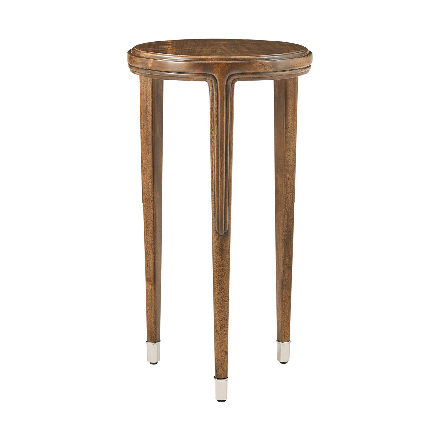 Side view of walnut art deco round accent table.