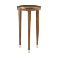 Side view of walnut art deco round accent table.