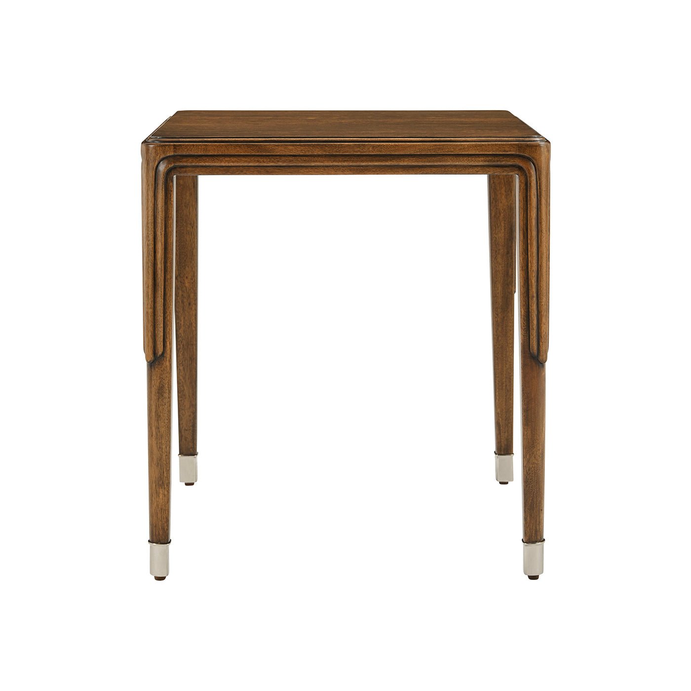 Front view of walnut Art Deco side table.