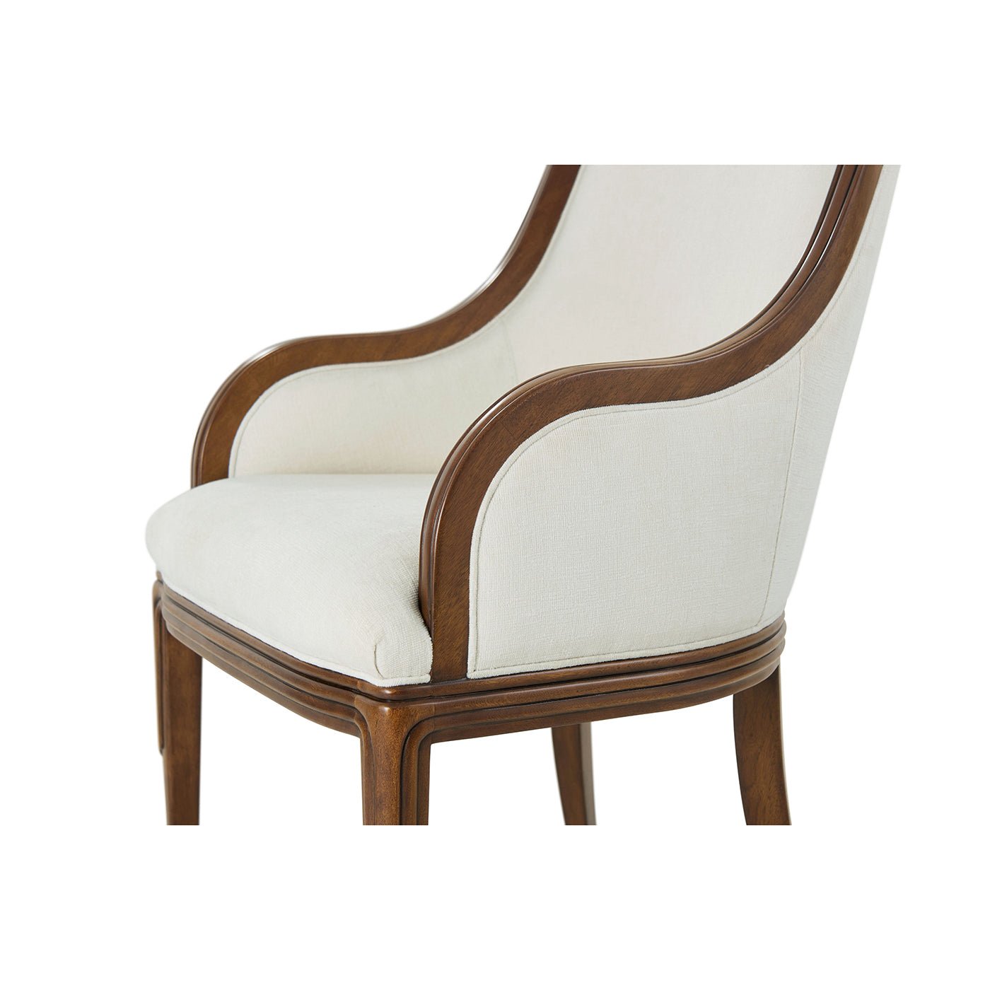 Detailed view of art deco dining chair arm and seat.