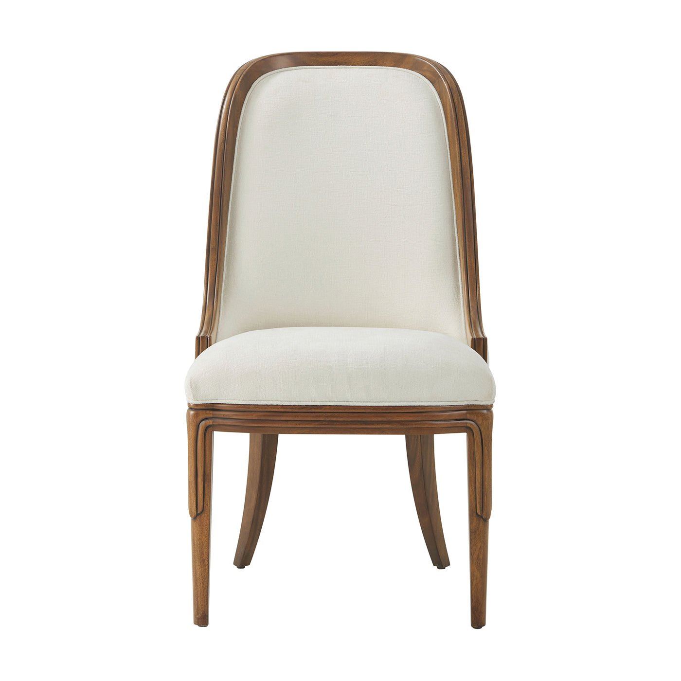 Upholstered dining chair front view, wooden detailing.
