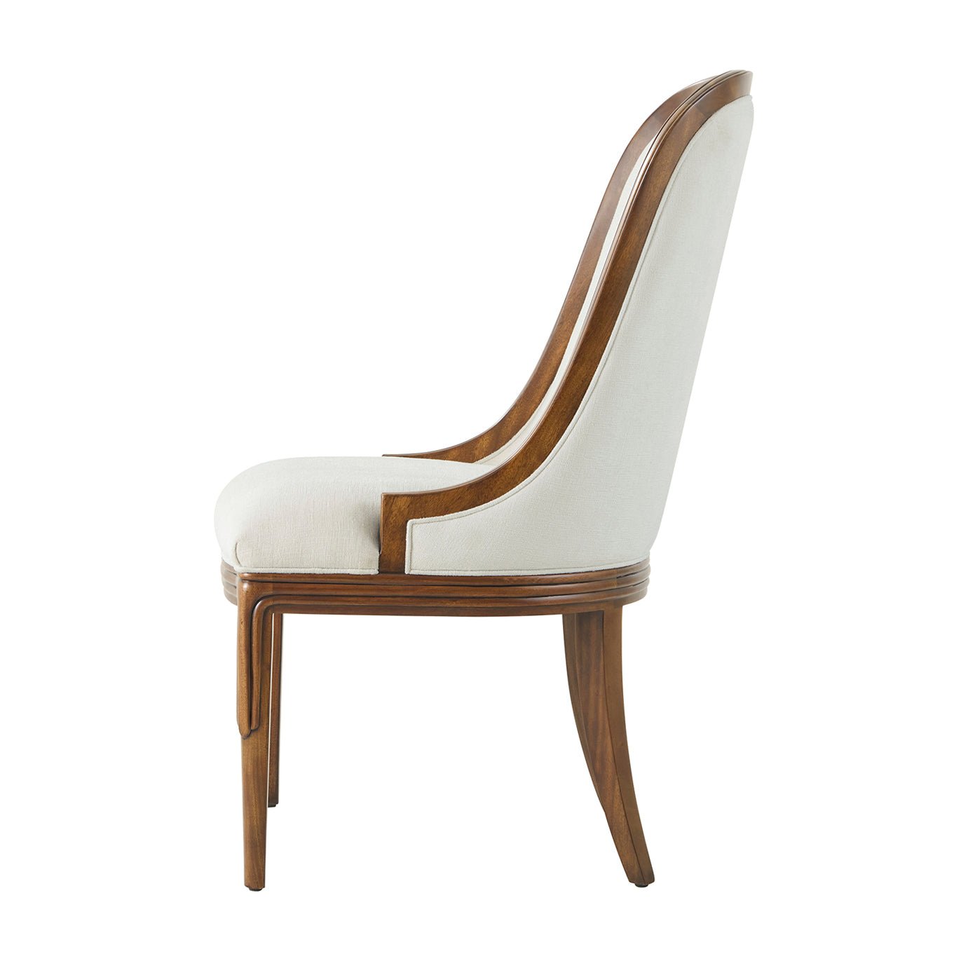 Side profile of upholstered dining chair, wooden frame.