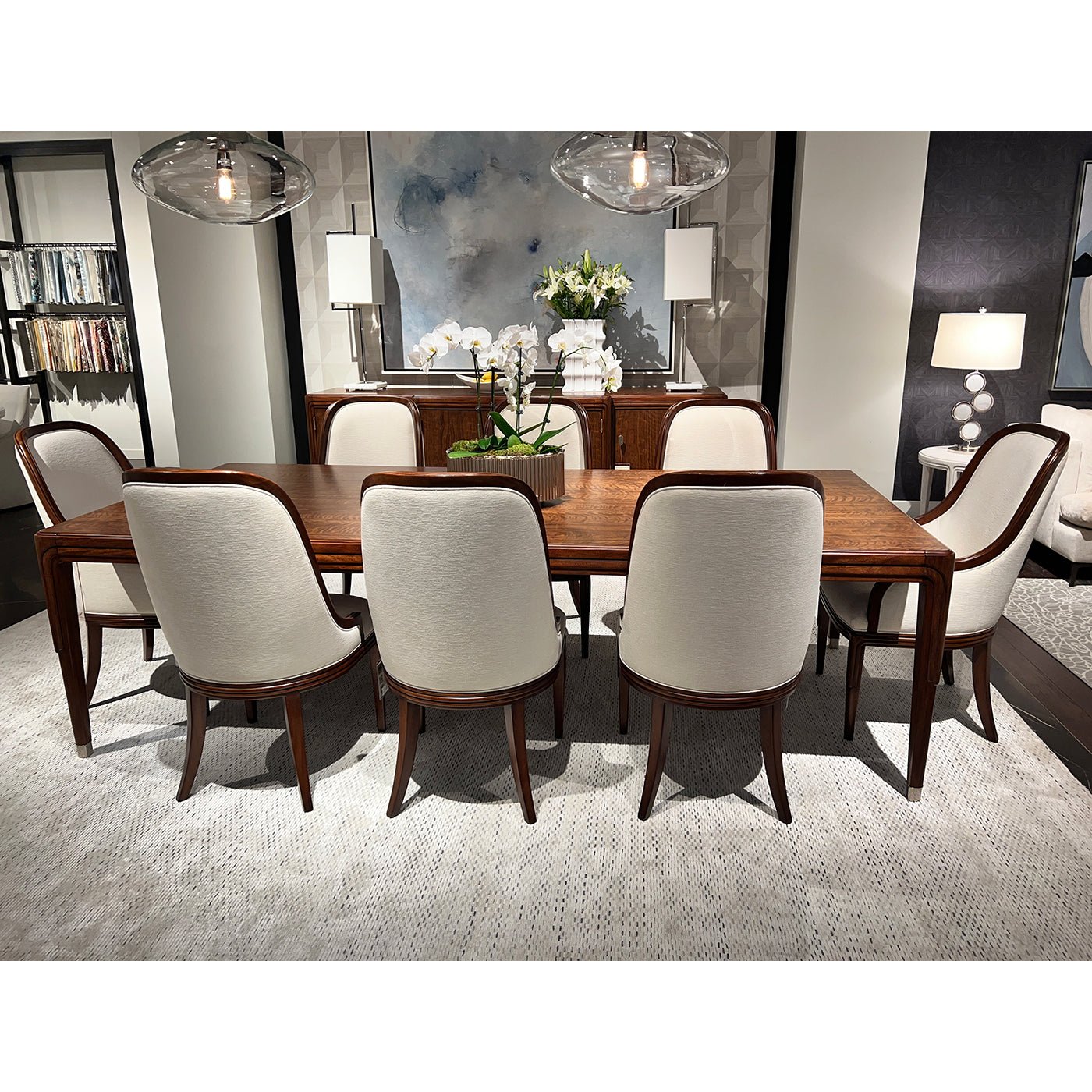 Dining room set with upholstered chairs and table.