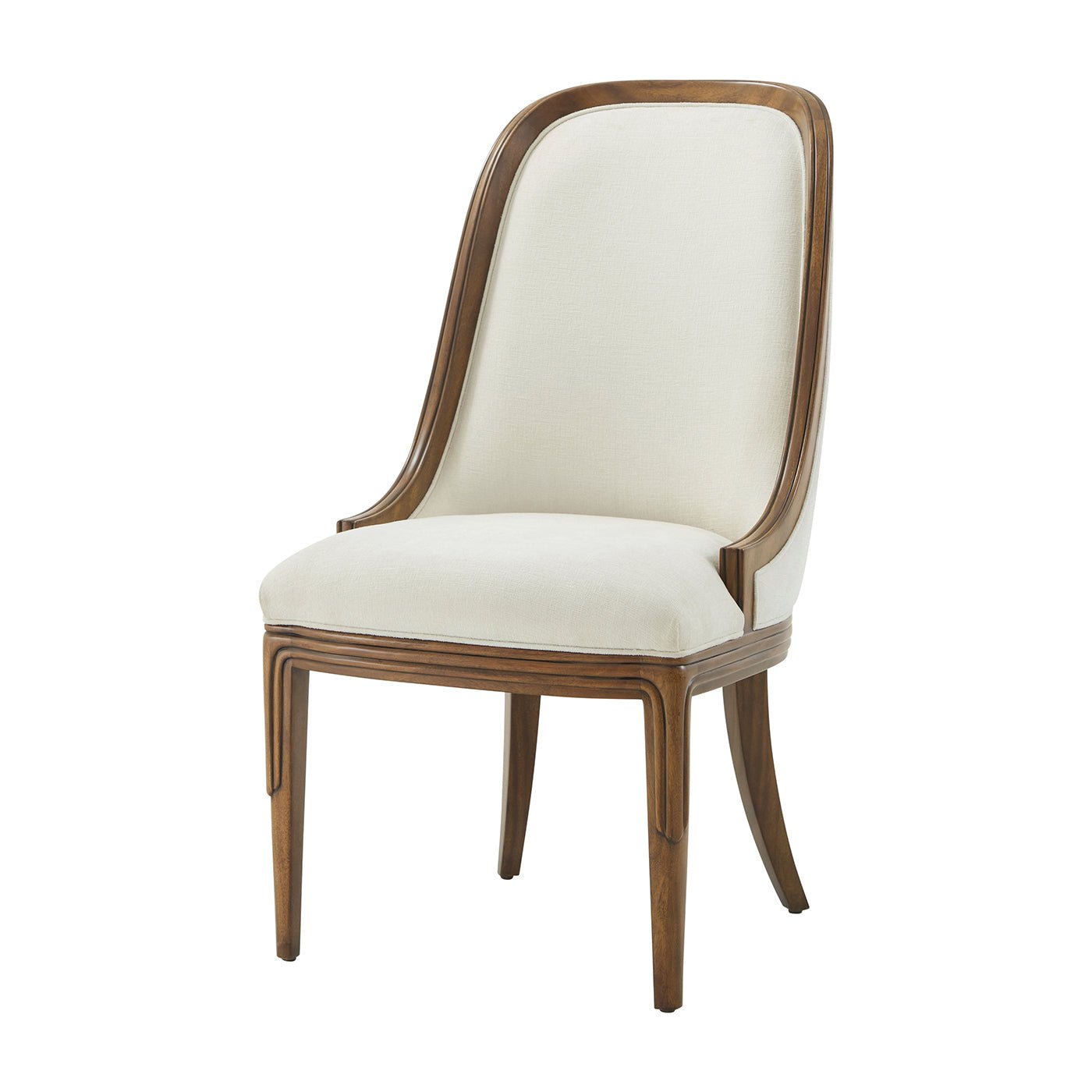 Wooden frame upholstered dining chair, front angle view.