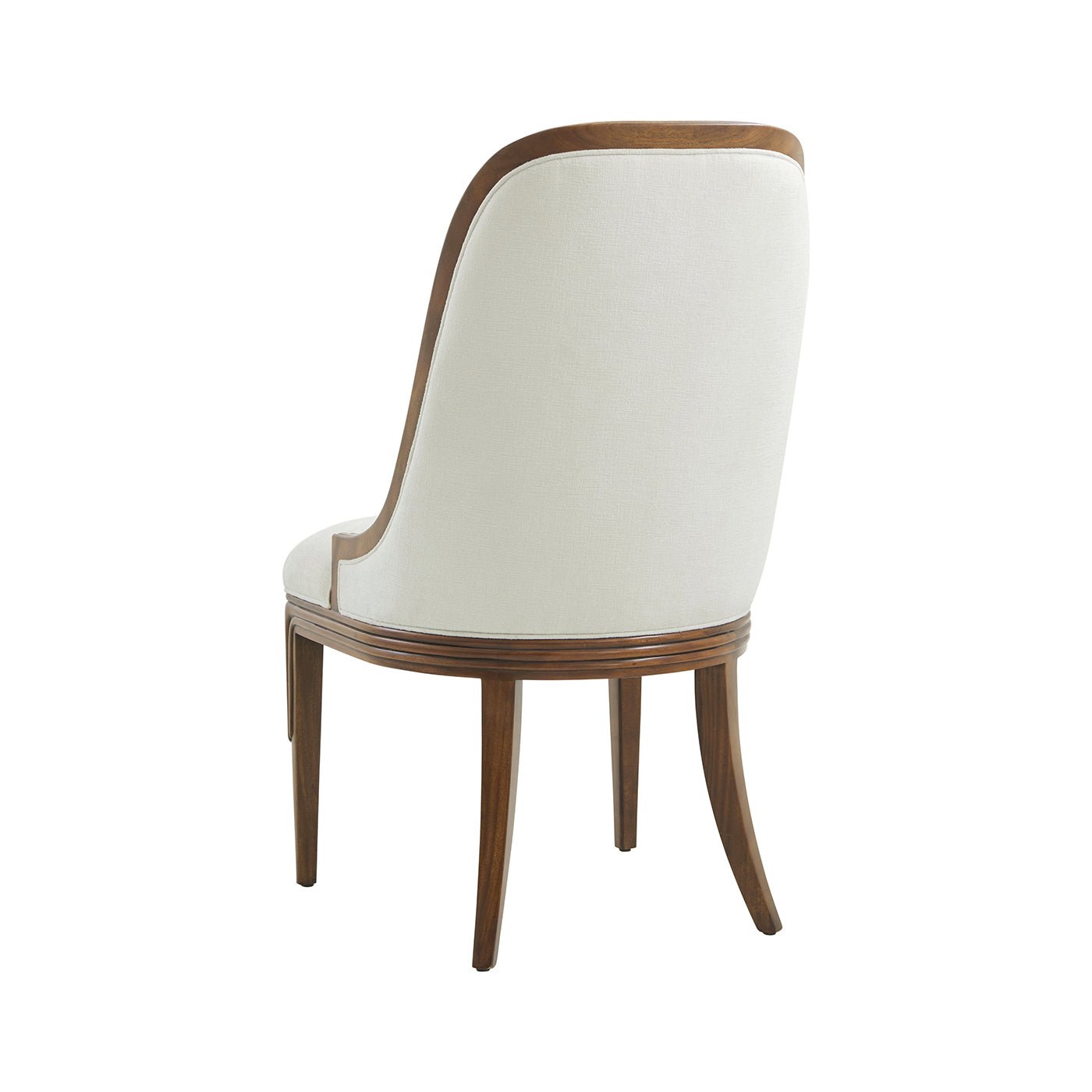 Back view of upholstered dining chair, elegant wood frame.
