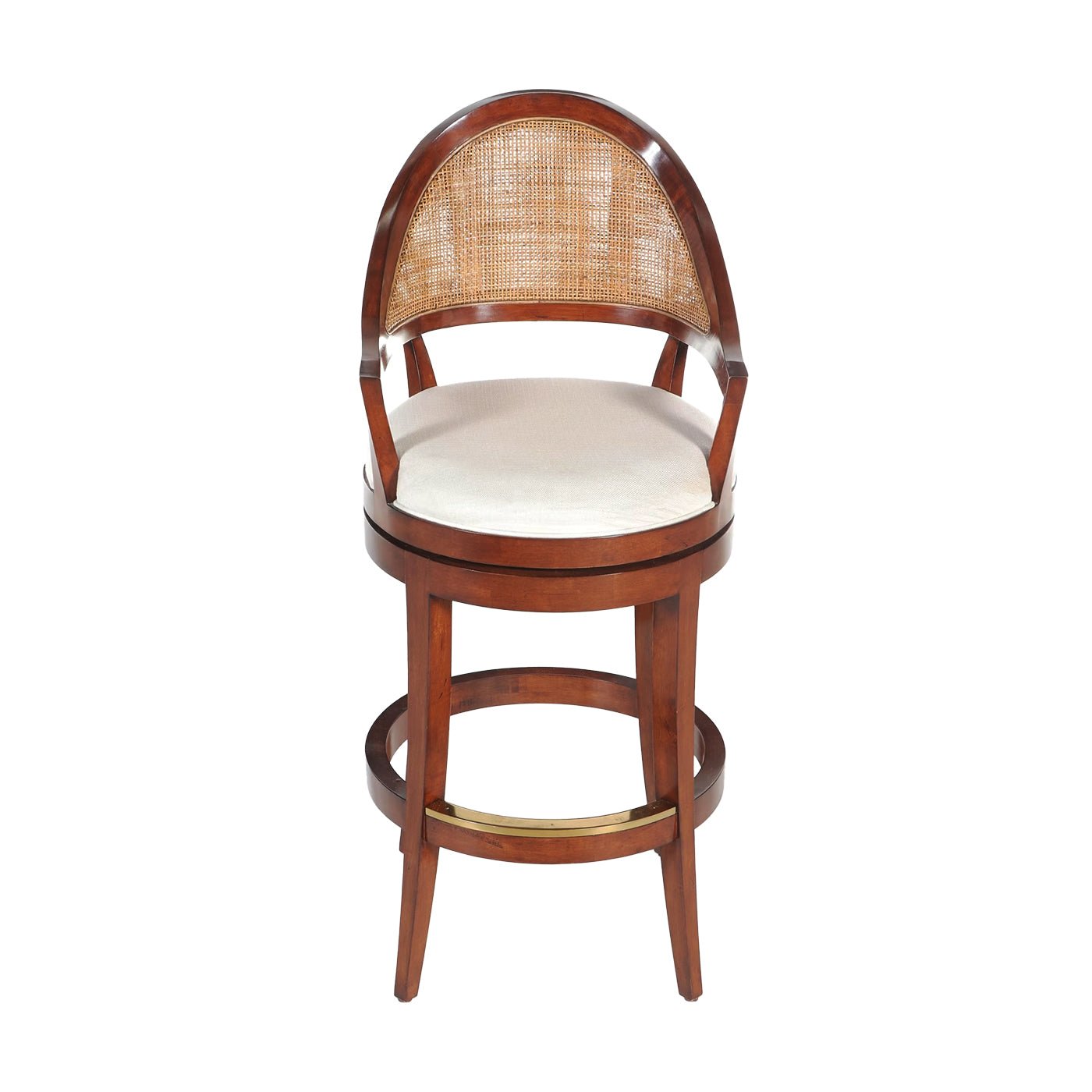 Front view of walnut swivel bar stool with cushion.