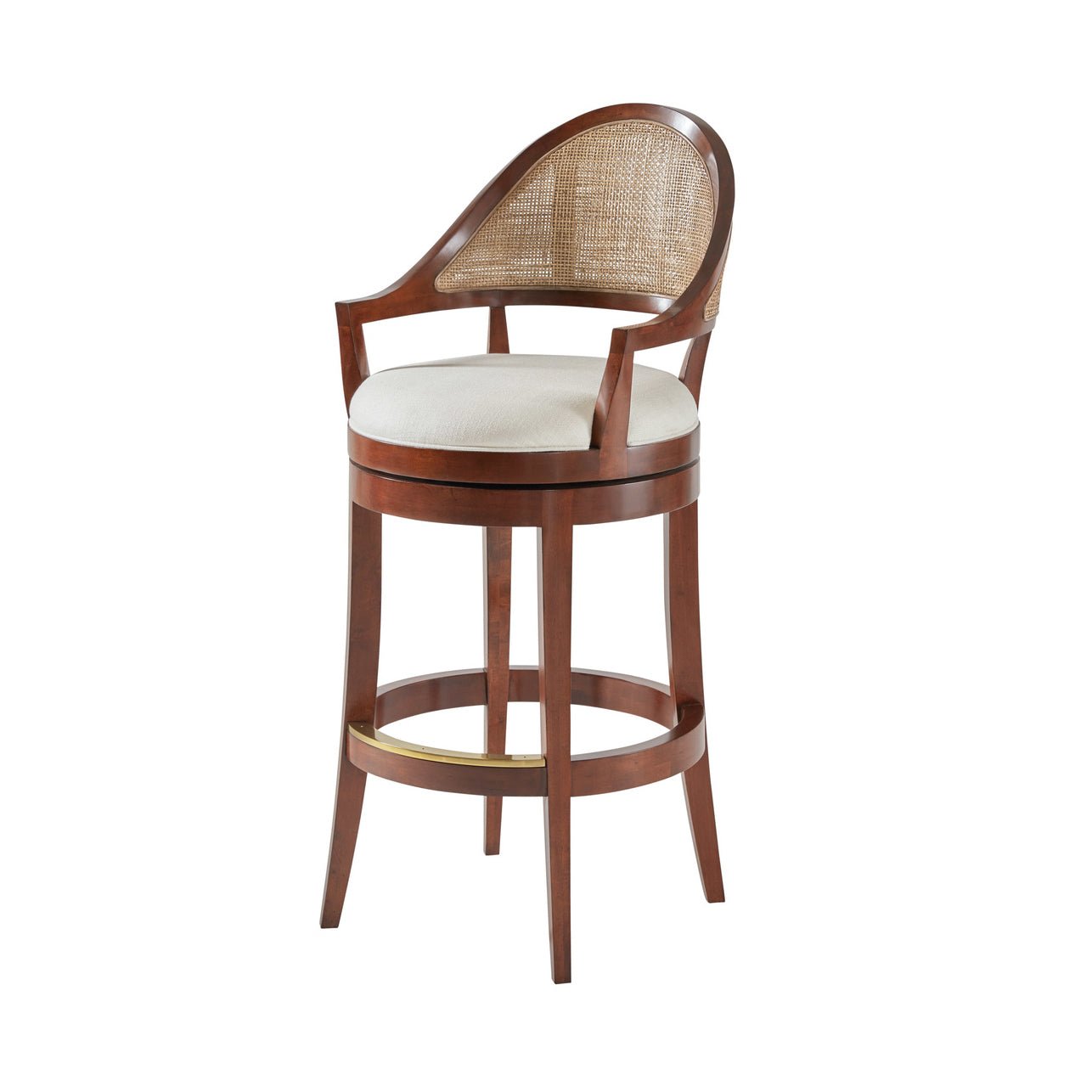 Walnut swivel bar stool, side view, wicker backrest.