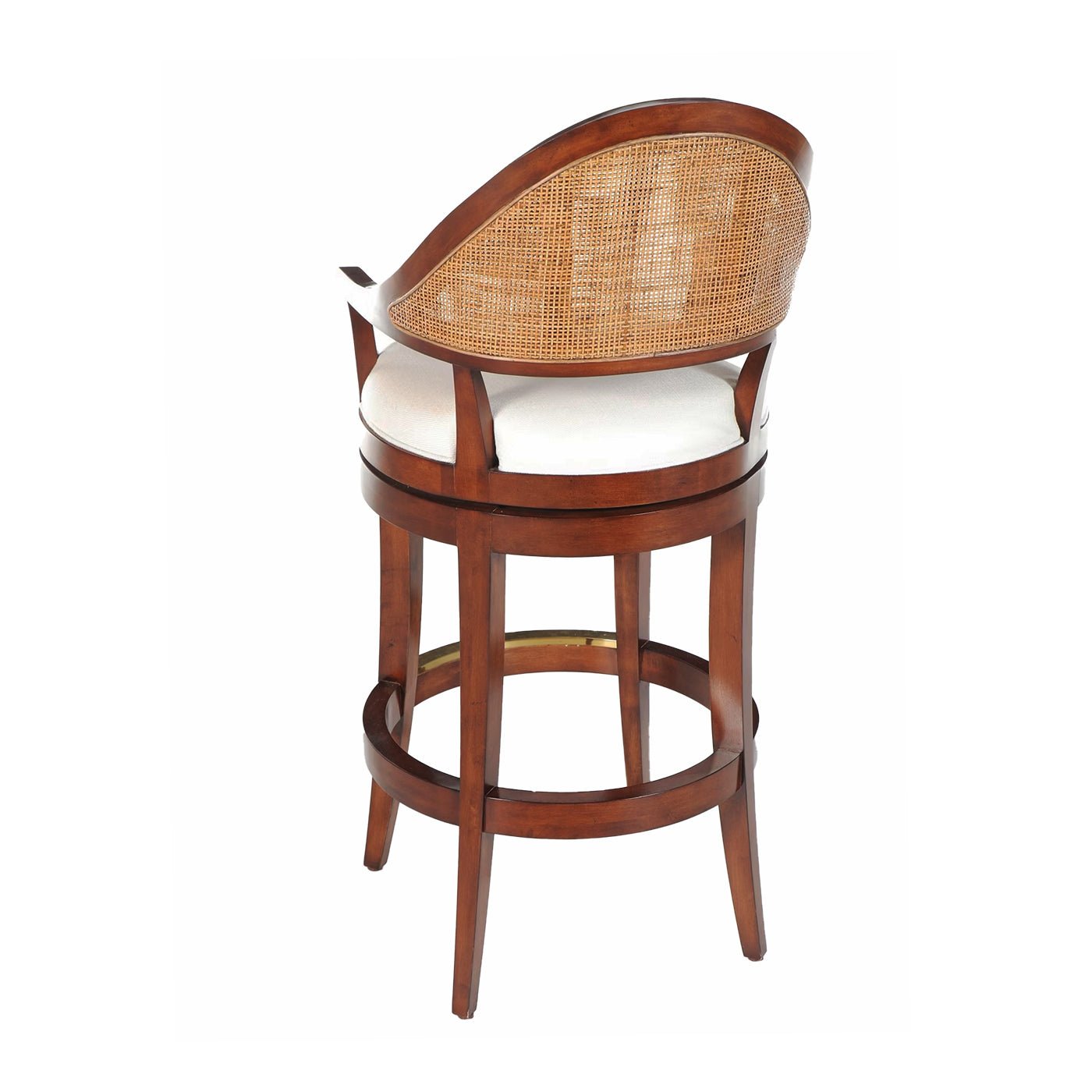 Back view of walnut swivel bar stool, wicker detail.