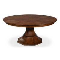 Round expanding dining table in warm brown oak with a herringbone marquetry top and faceted octagonal pedestal base