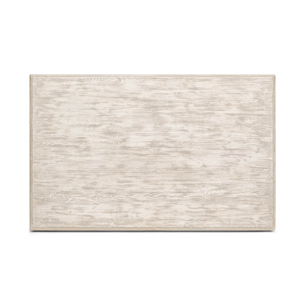 Top view, washed gray lowrise coffee table surface.